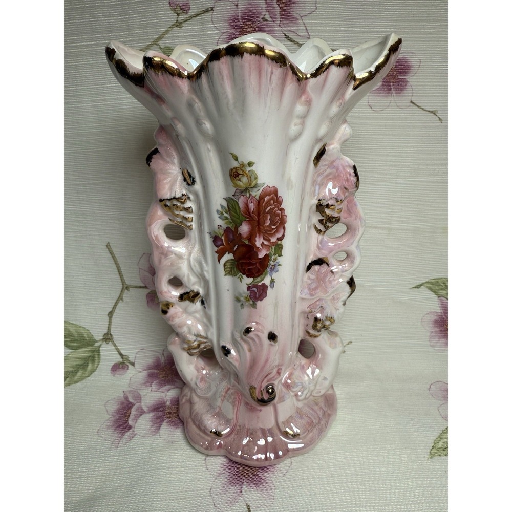 Vintage Pink White Porcelain Floral Vase Gold Trim Ornate 10" Tall